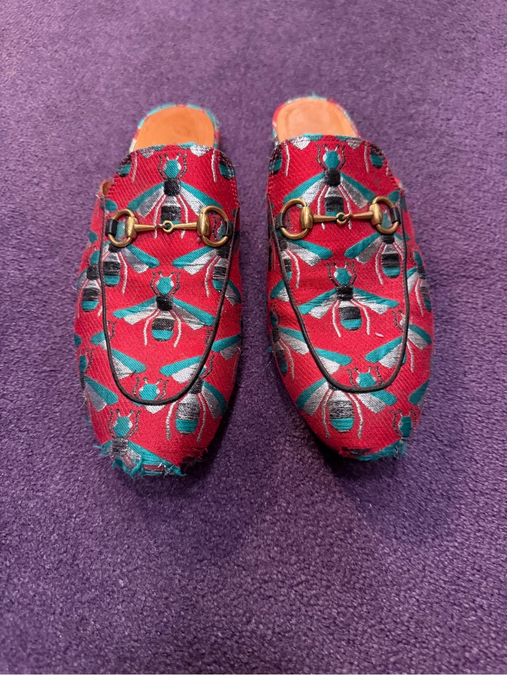 Gucci Red Embroidered Bee Horsebit Loafers